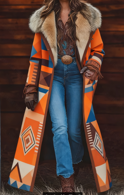 Manteau femme rétro imprimé chaud long