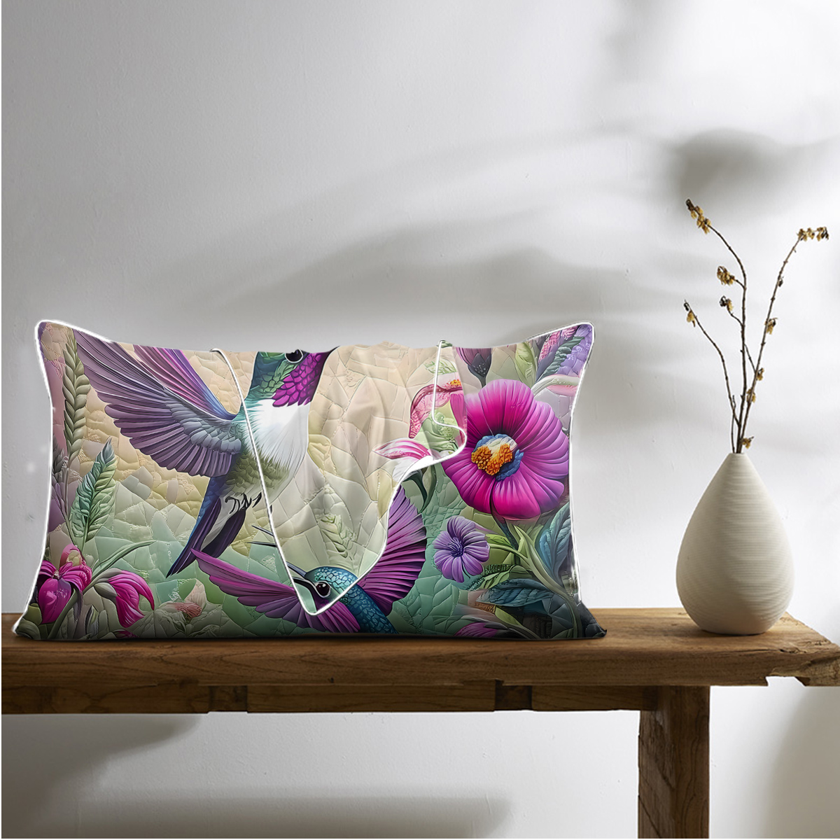 2 taies oreiller satin colibri art chambre toutes saisons