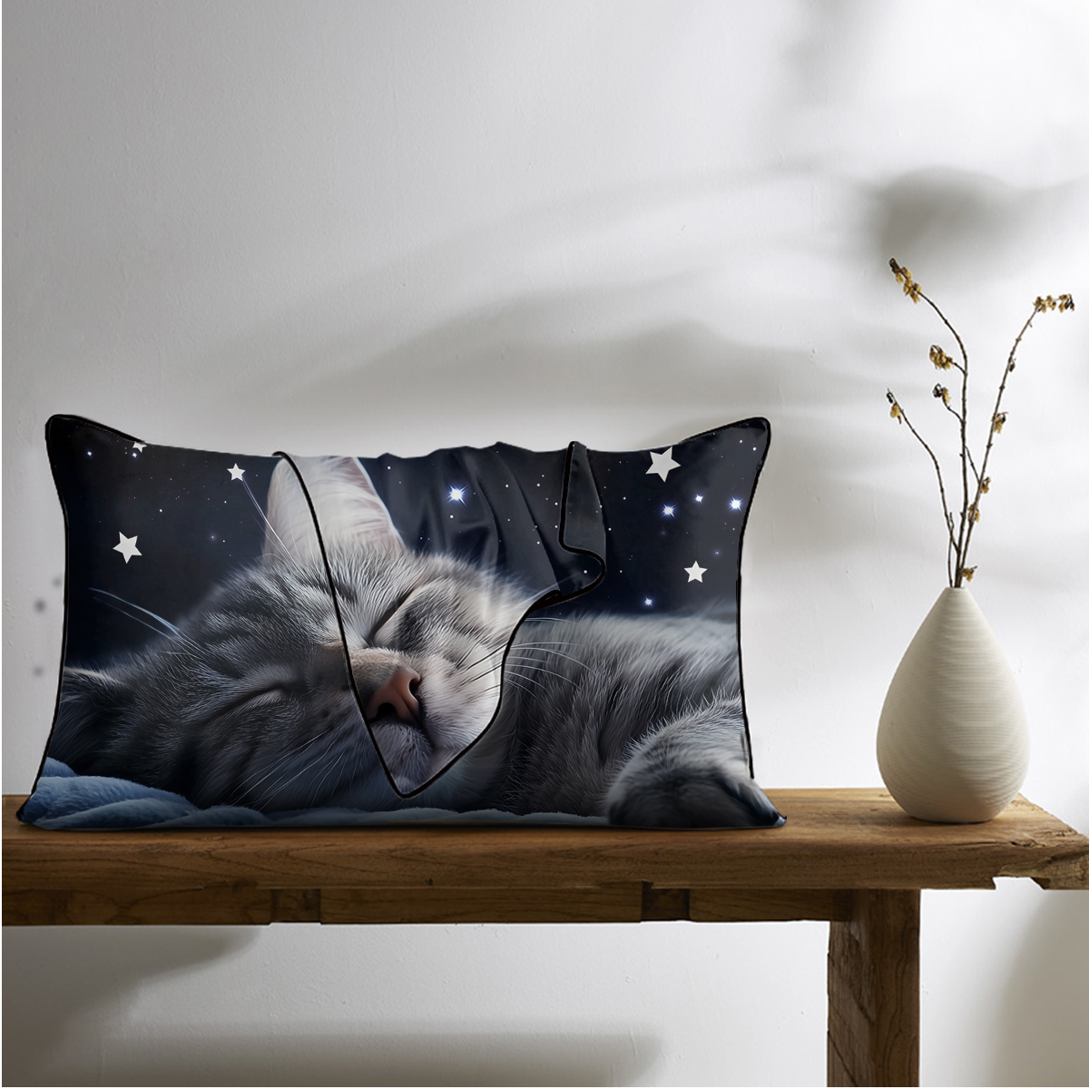 2 taies oreiller satin chats ciel étoilé art chambre