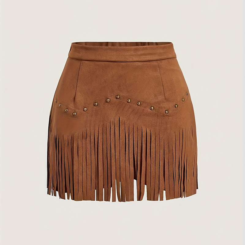Minijupe western frange unie boutons décoratifs printemps