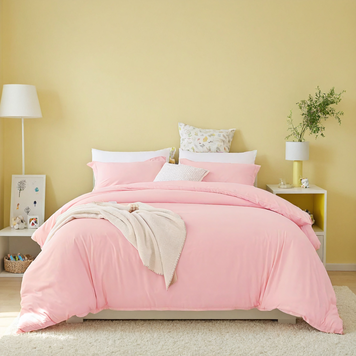 Housse couette blanc rose grand format 1 housse 2 taies