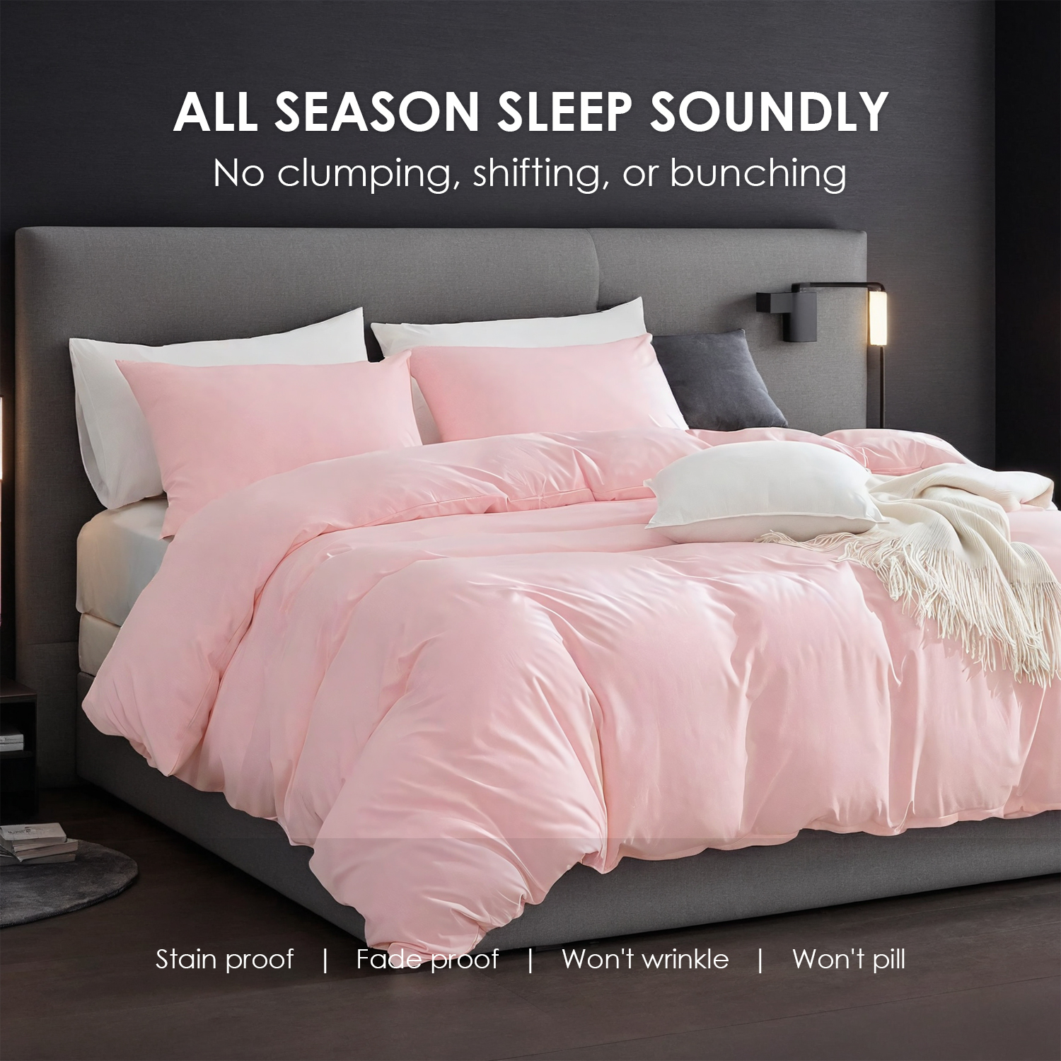 Ensemble housse couette unie, blanc et rose, microfibre, design minimaliste