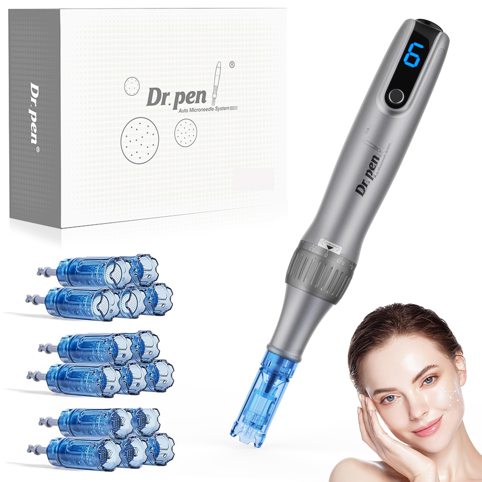 Stylo derma roller électrique 0.25mm 15 embouts