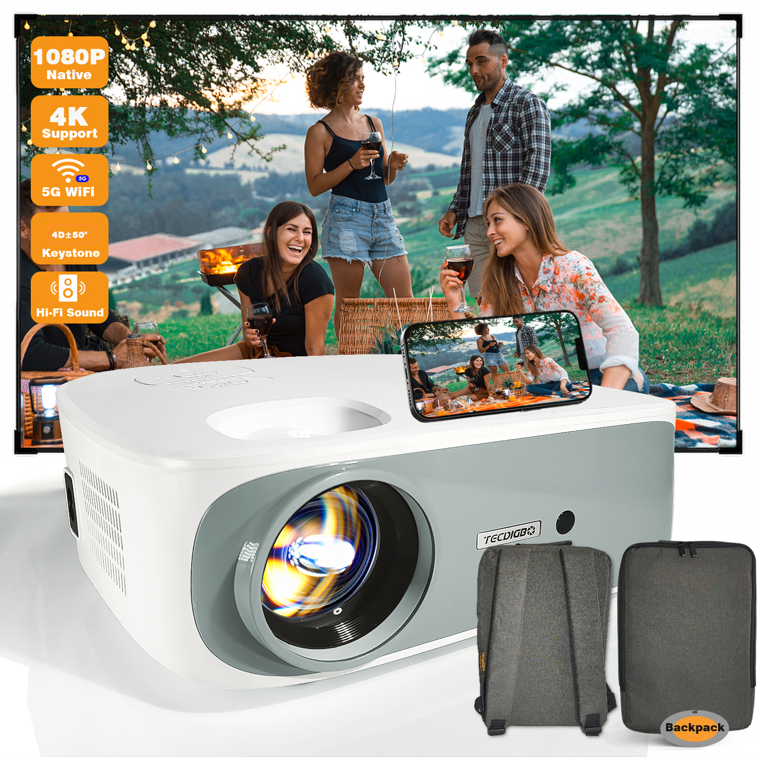 Projecteur 4K 5G Bluetooth correction 4D, HD natif 1080P