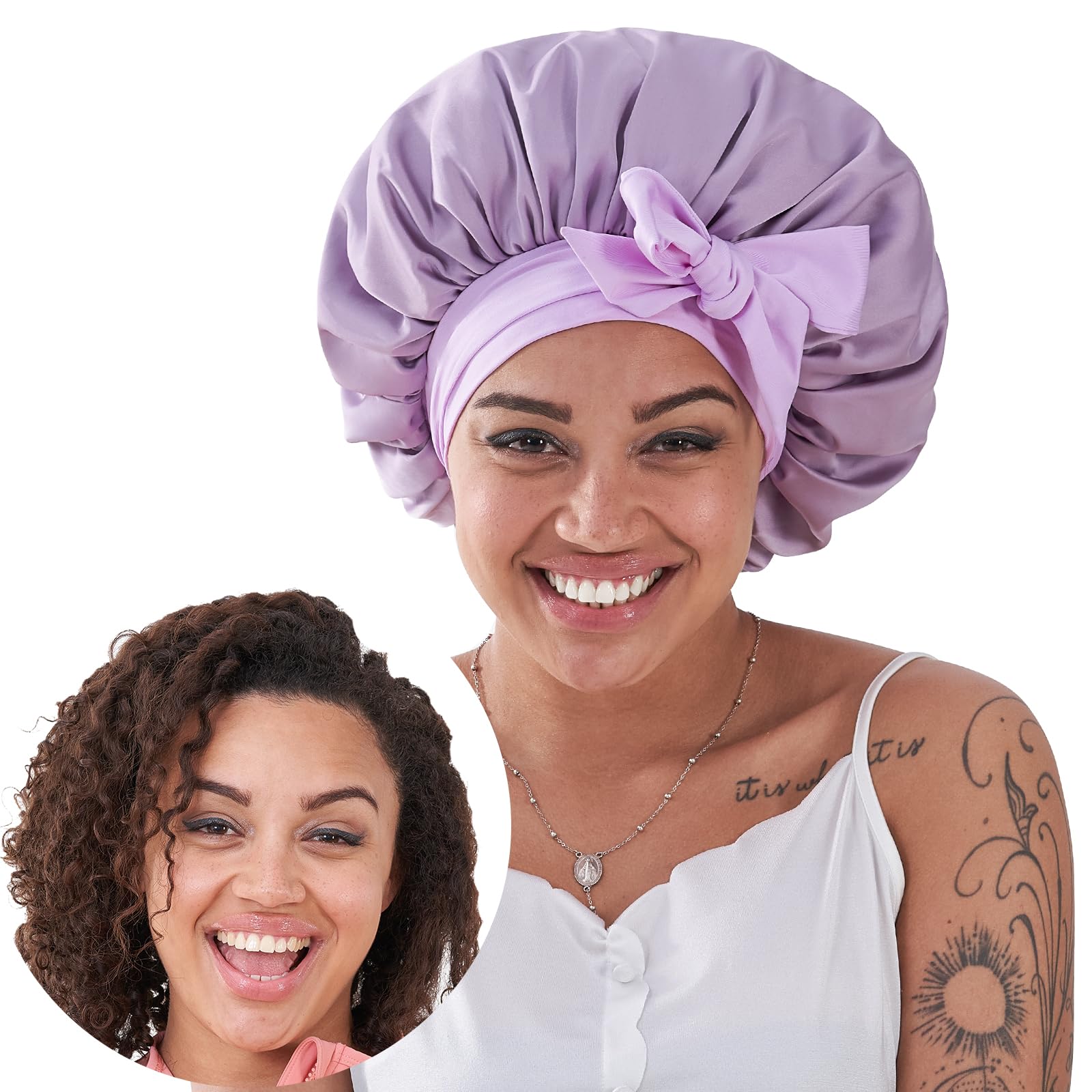 Bonnet satin sommeil femme, cheveux boucles