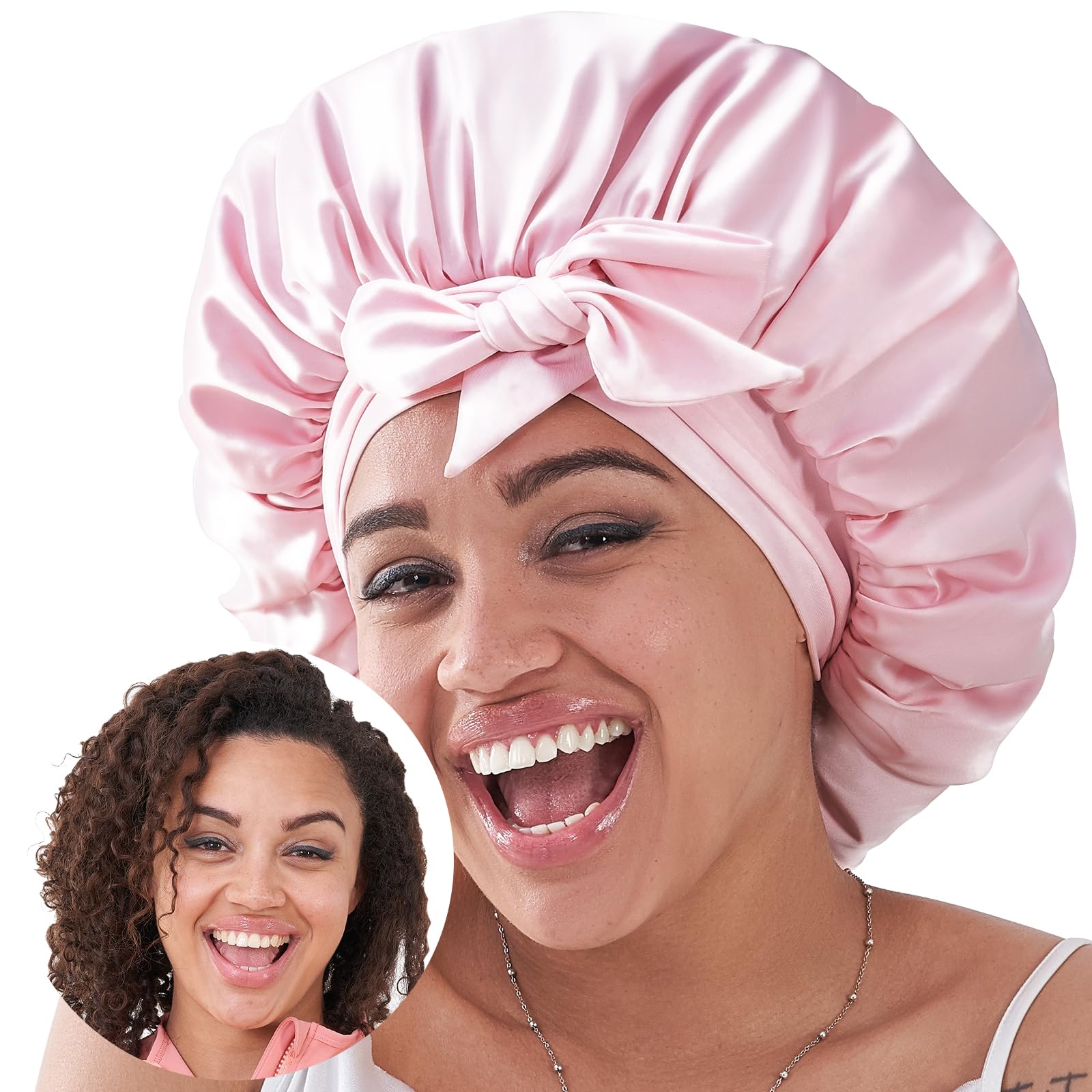 Bonnet satin sommeil femme, cheveux ondulés