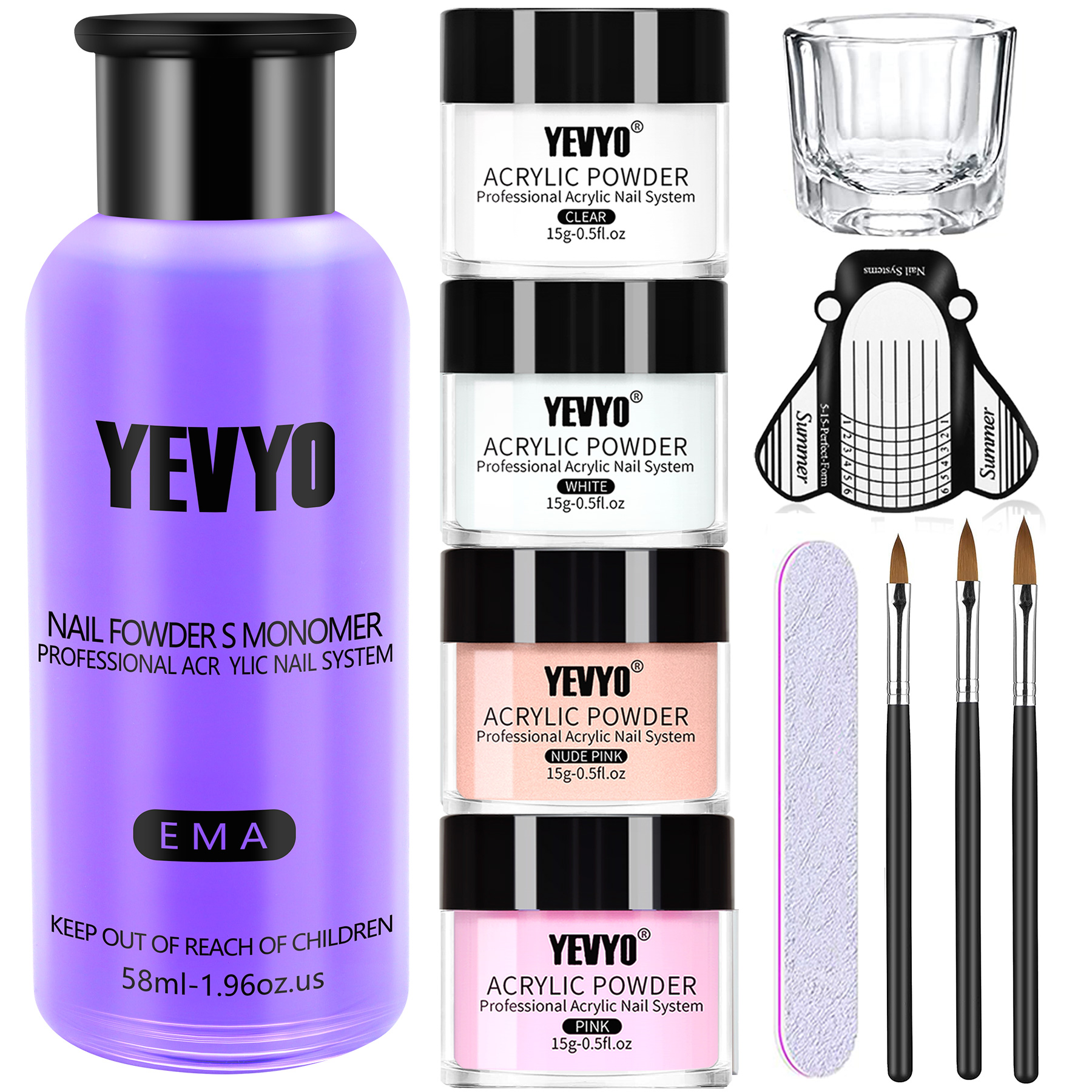 Ensemble acrylique ongles poudre, liquide, pinceaux, formes