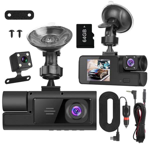 Caméra Dash WiFi FHD 1080P 3 voies 170° 64G inclus