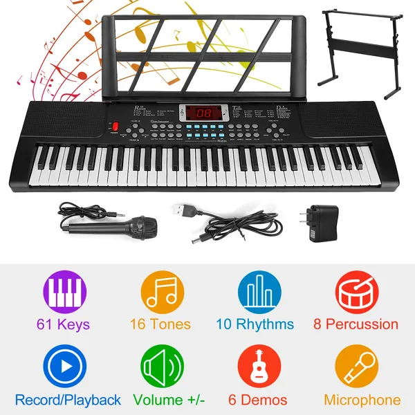 Clavier électronique 61 touches, pupitre, microphone, enfants