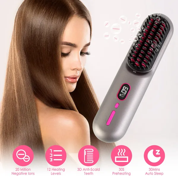 Brosse lissante ionique sans fil, 12 niveaux, recharge USB