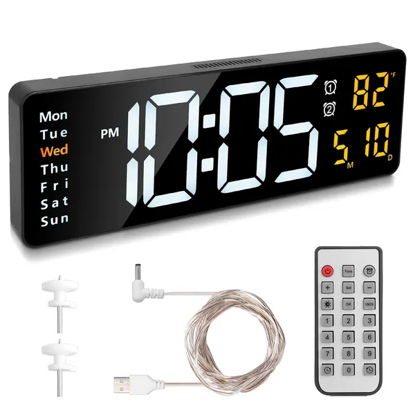 Horloge murale LED 15,7po, télécommande, 10 niveaux luminosité, temp
