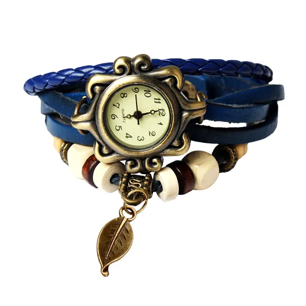 Montre Femme Cuir Feuille Arbre Bohème Rétro Bleu