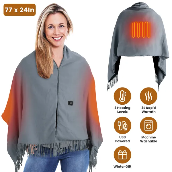 Châle chauffant USB 77x24po avec 3 niveaux, lavable en machine