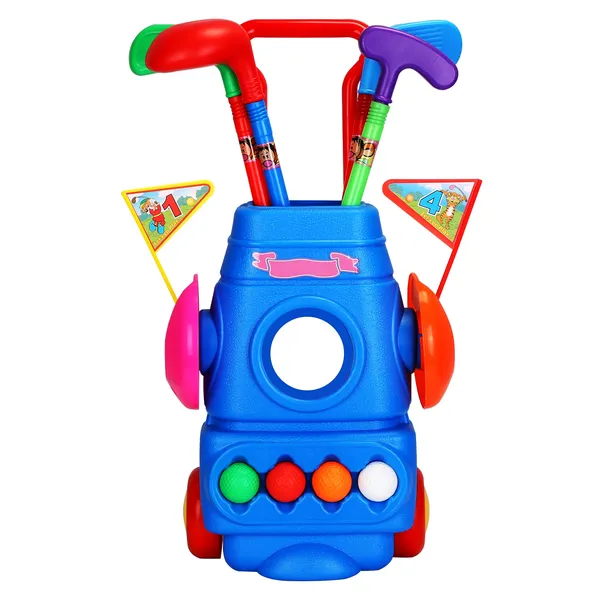 Ensemble golf enfant 4 balles 4 bâtons 2 trous 2 drapeaux chariot