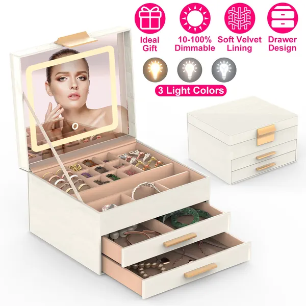 Boîte bijoux miroir LED 3 niveaux 2 tiroirs, 3 couleurs lumière GPCT5453