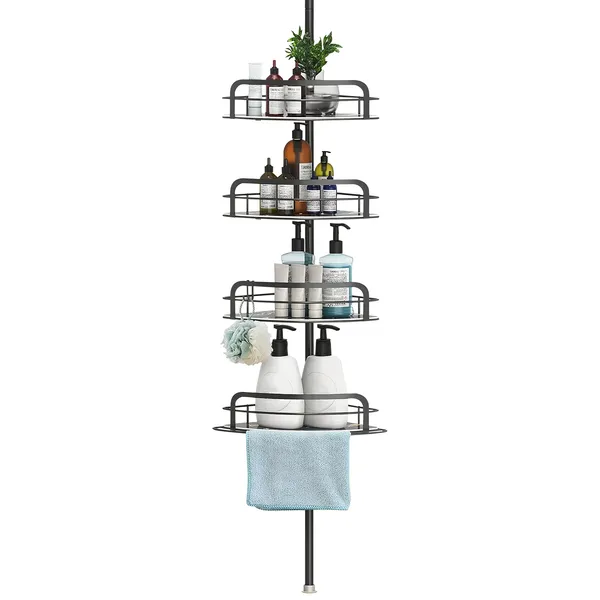 Caddy douche angle inoxydable, 4 tablettes ajustables, barre serviettes