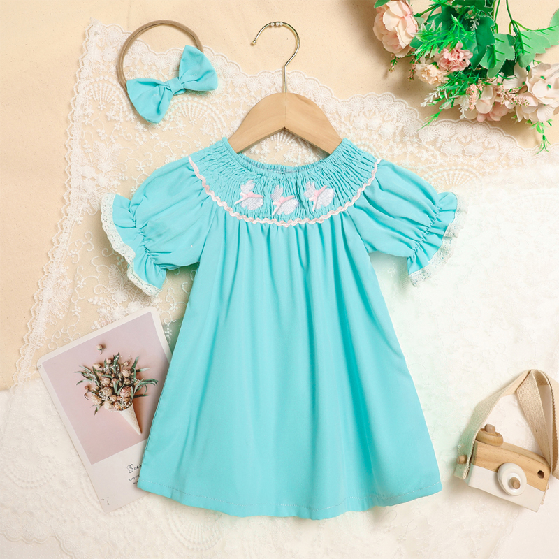 Robe lapin nœud bandeau manches volantées smockée fillette