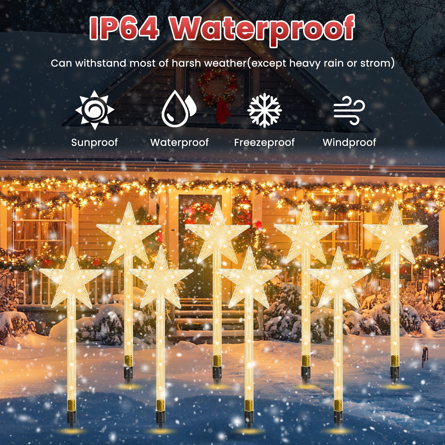 8pc lumière solaire étoile Noël 64 DEL 8 modes IP64 décoration