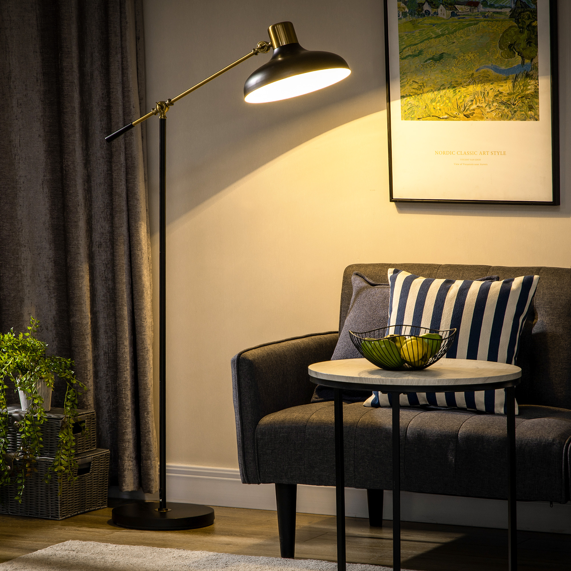 Lampadaire ajustable salon noir et or, bras balancier