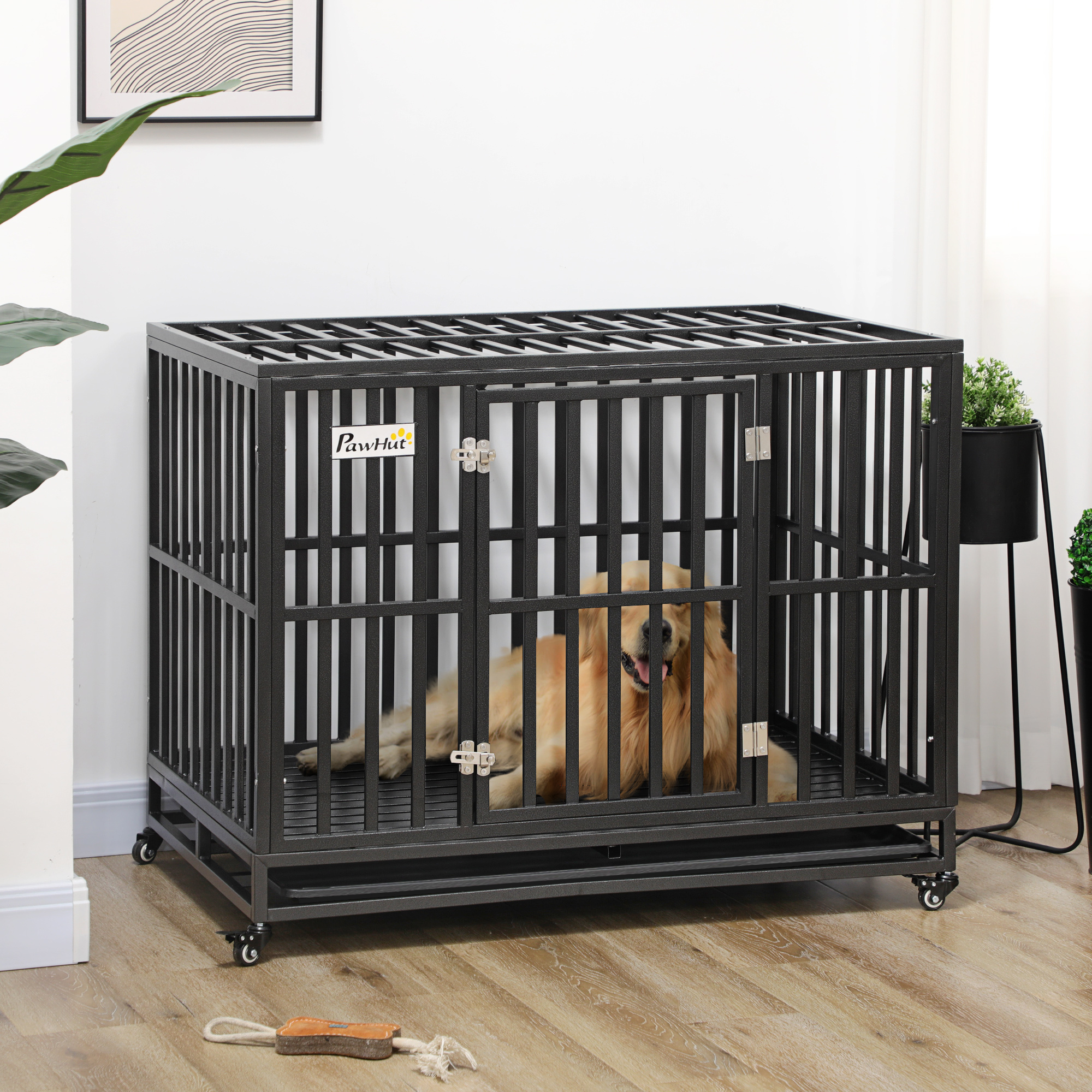Cage chien 45 po acier lourd à l'épreuve fuite roulettes noir