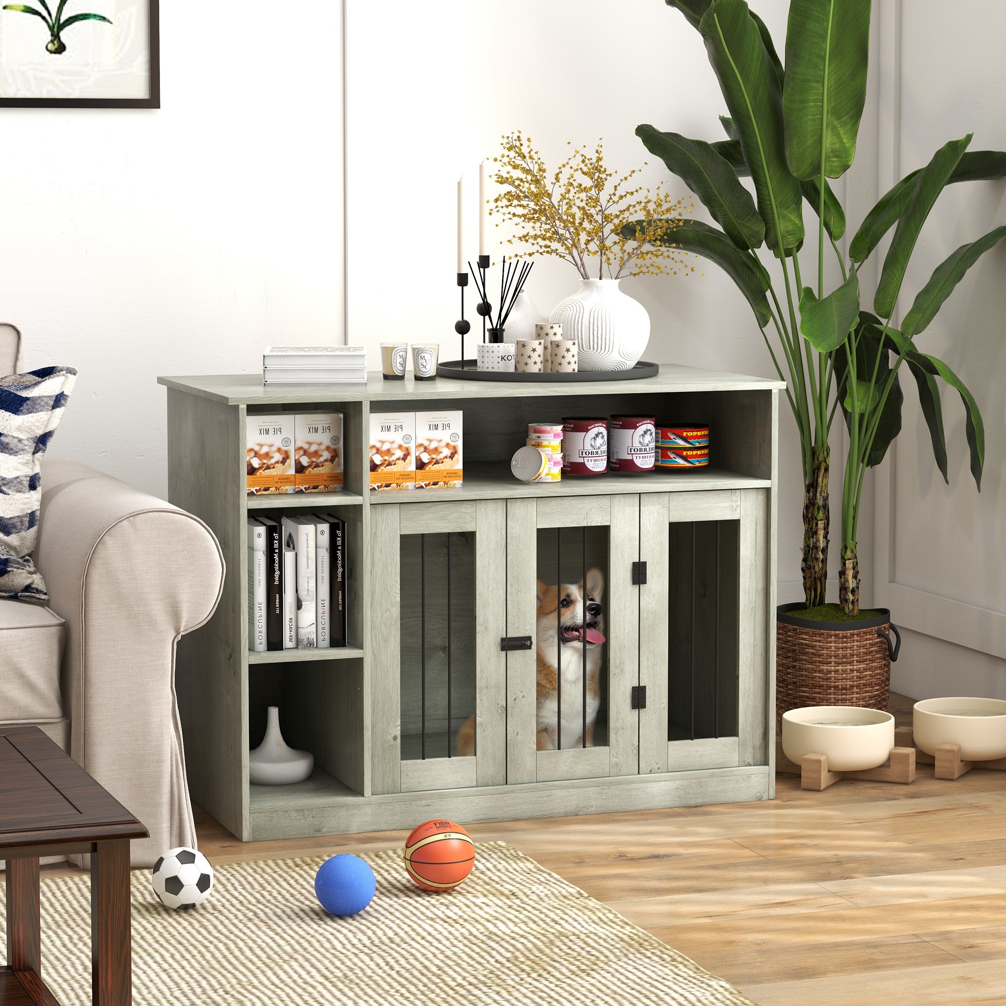 Cage chien 47" meuble rangement, grand/moyen, gris