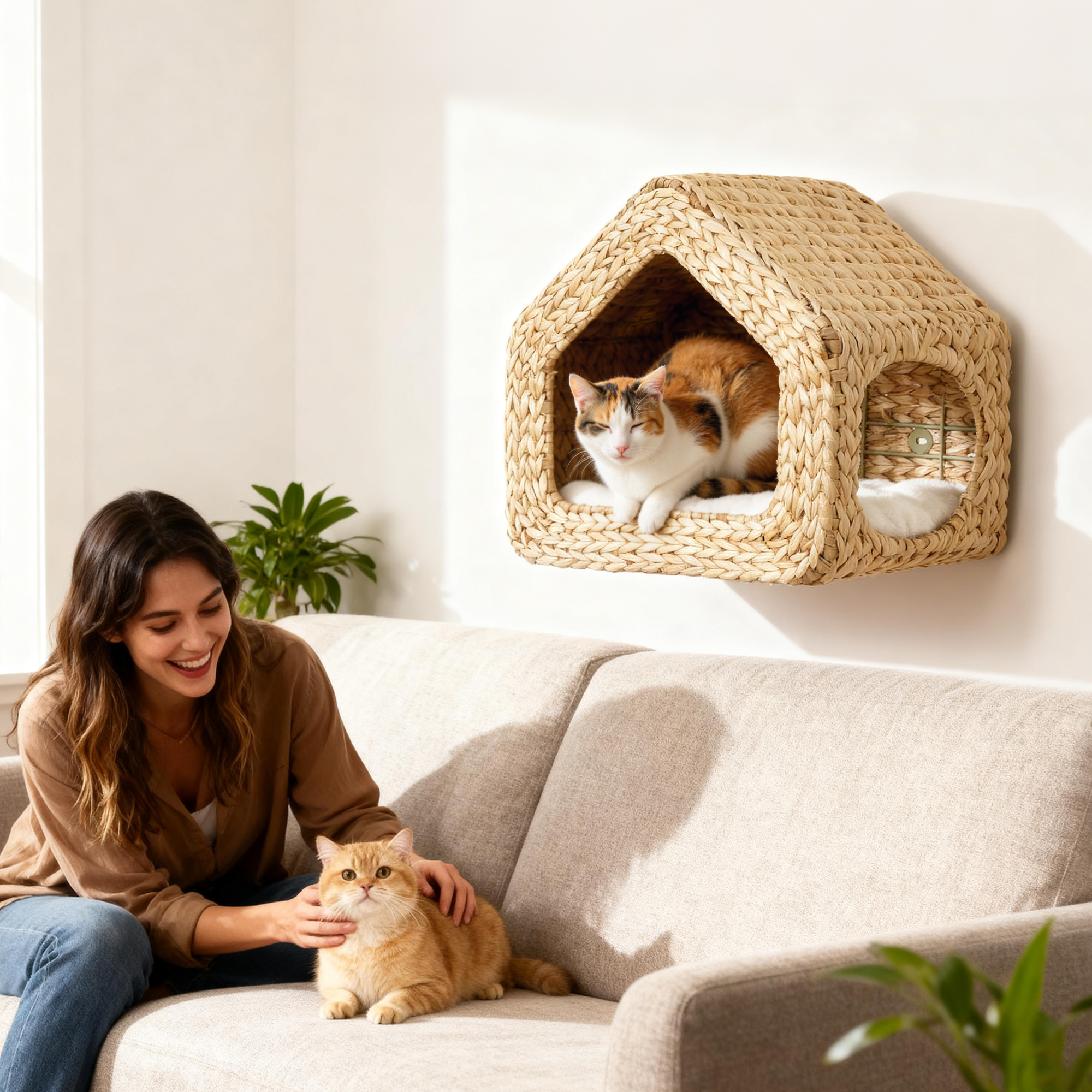 Maison chat murale meuble coussin naturel