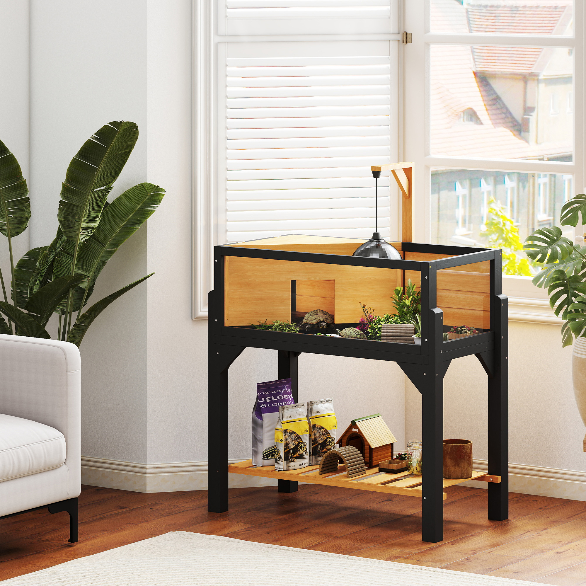 Habitat tortue bois fenêtres amovible lampe jaune