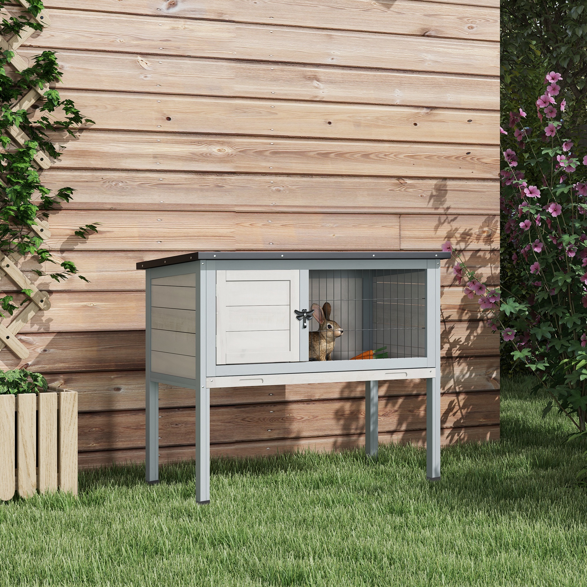 Cage lapin surélevée bois, toit asphalte, gris