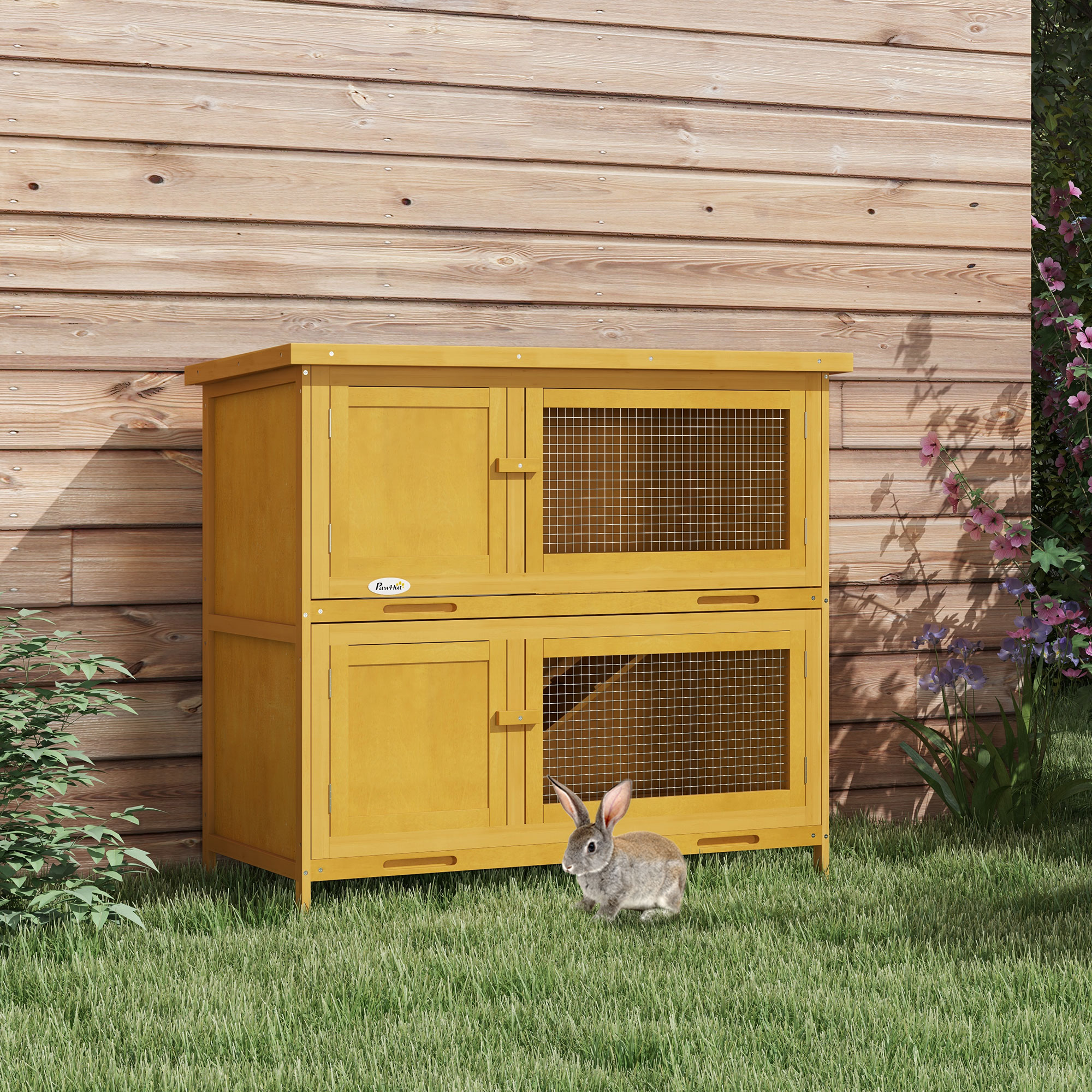 Hutch lapin bois avec rampe, intérieur/extérieur, jaune