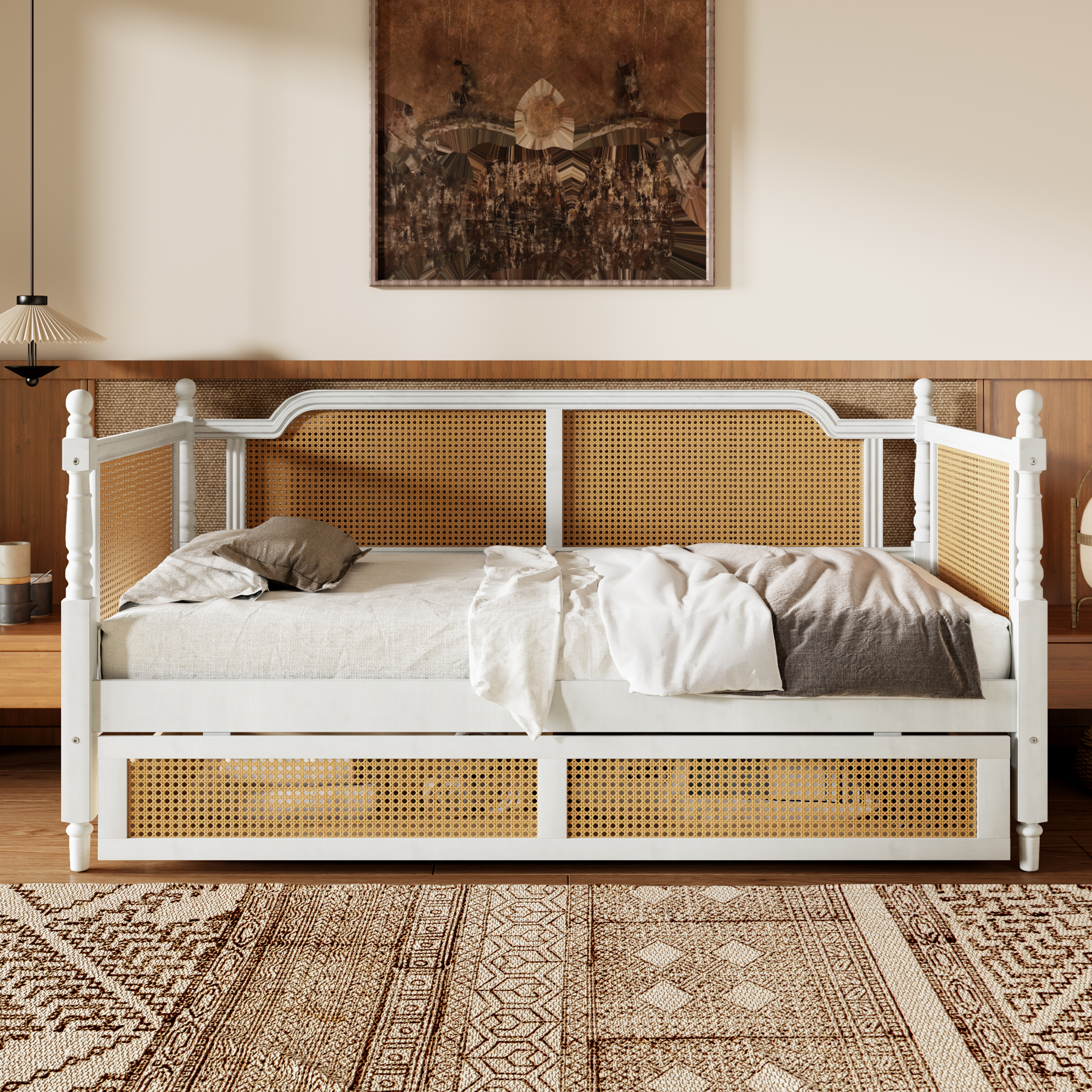 Lit de jour rotin style trad 2 tiroirs blanc antique