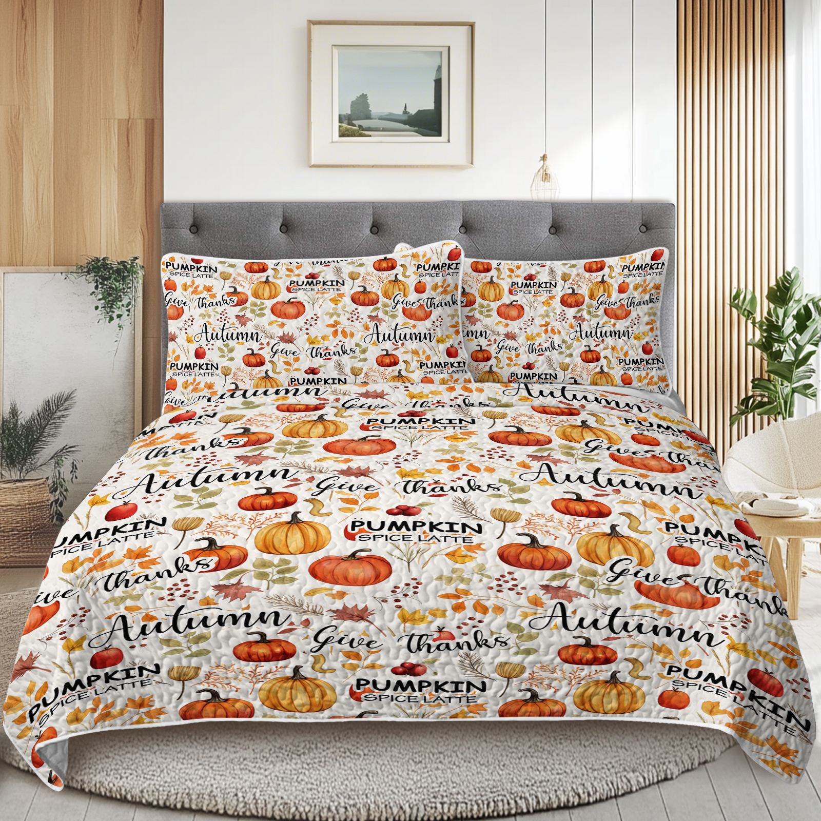 Ensemble courtepointe citrouille feuilles automne, 1 couette 2 taies