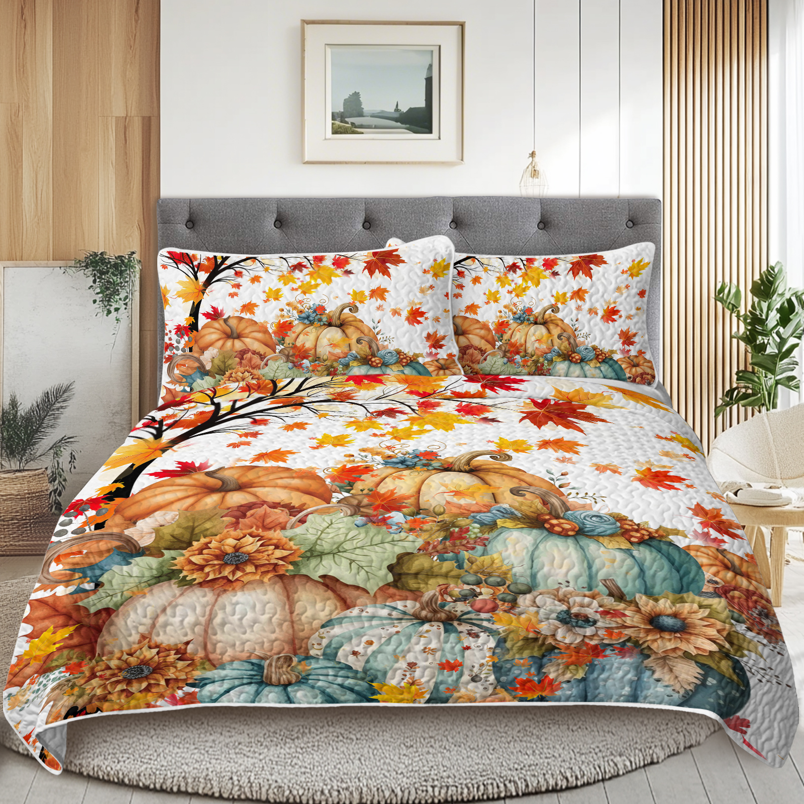 Ensemble courtepointe 3 pcs motif citrouille automne