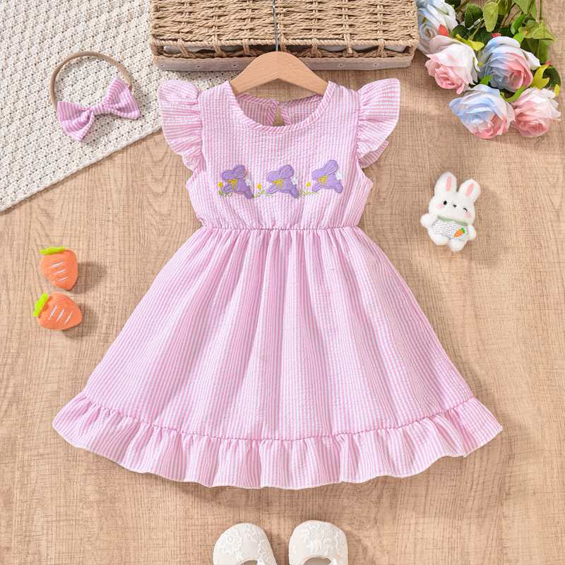 Robe brodée lapin col rond manches courtes fillette
