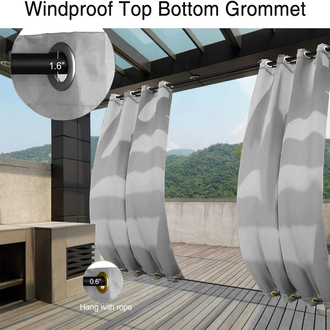 Rideau extérieur oeillets haut bas blanc grisâtre 50x120 po