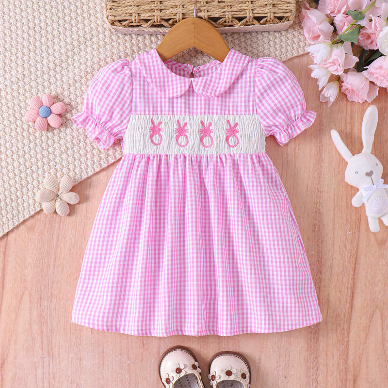 Robe à bulles col chemise motif carreauté et broderie lapin fillette