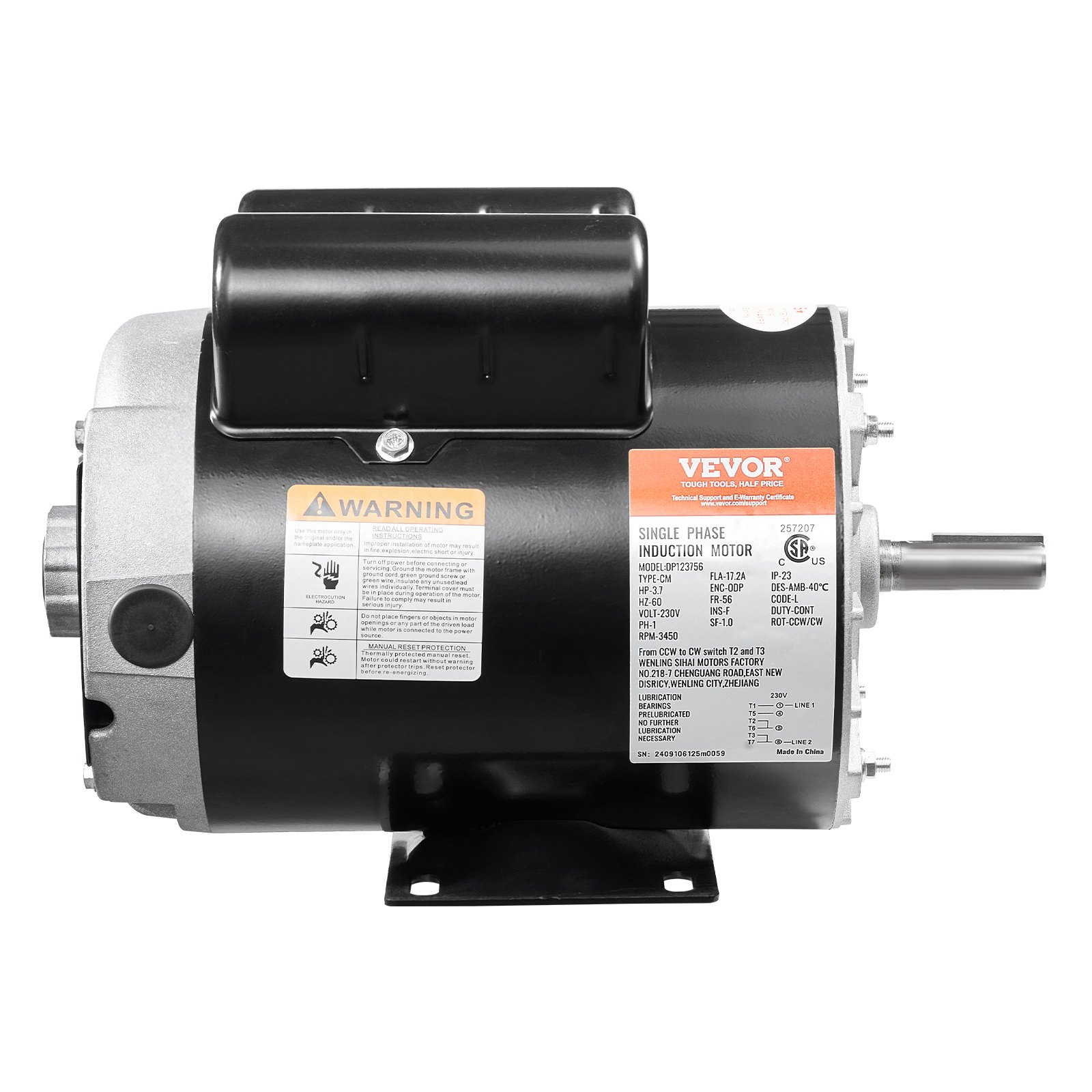 Moteur électrique 3,7 HP compresseur 230V 17,2A 3450RPM 56 CW/CCW