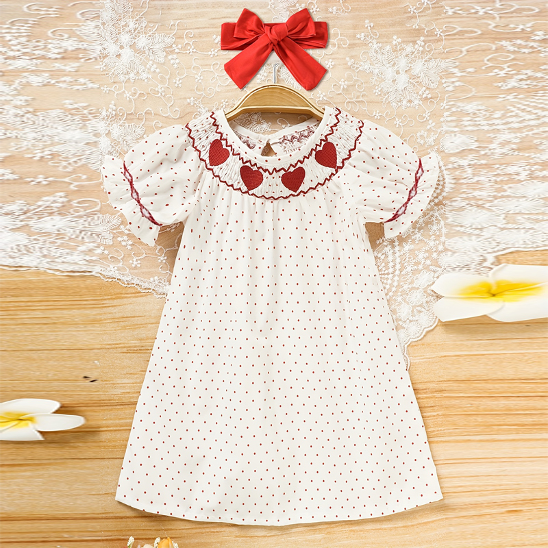 Robe manches volantées broderie cœur pois fillette