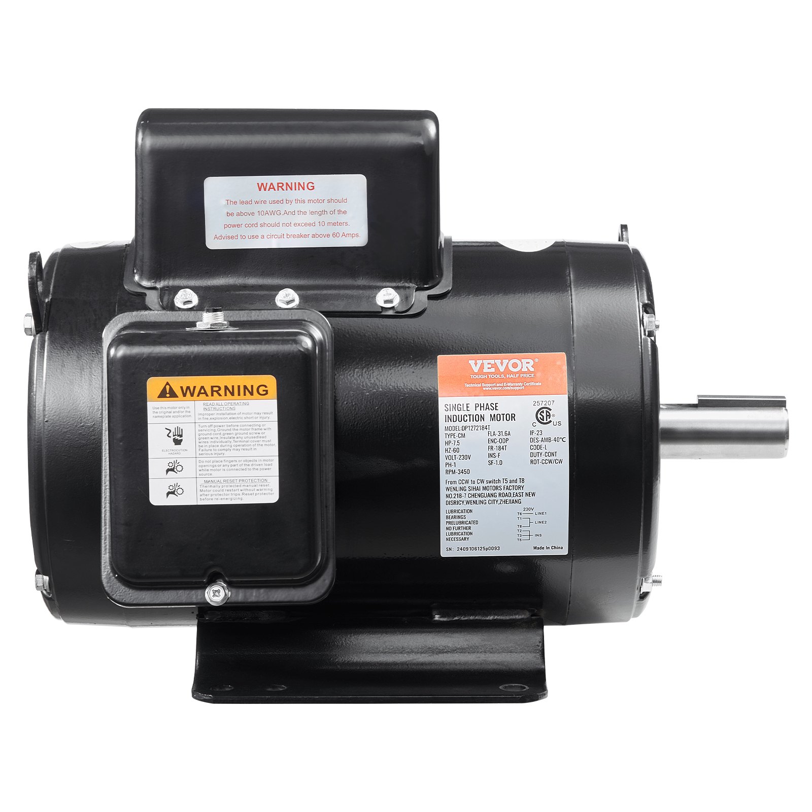 Moteur électrique 7,5 HP compresseur 230V 31,6A 3450RPM 184T CW/CCW