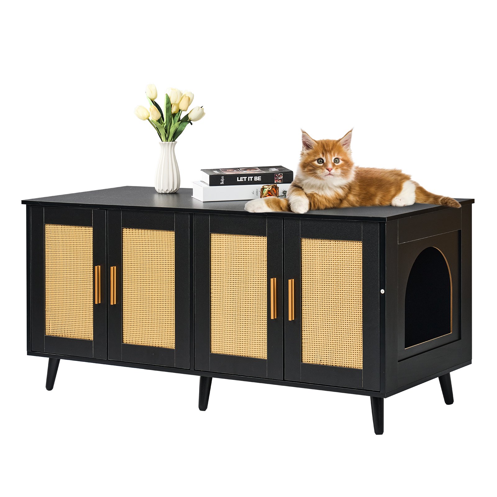 Meuble litière chat bois 2 compartiments noir