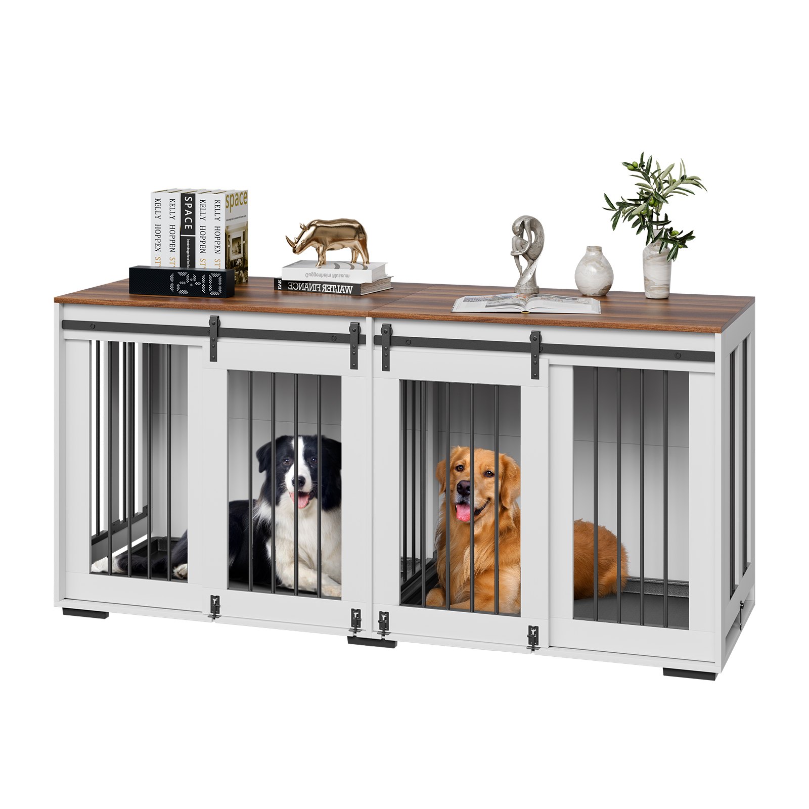Cage chien 72" meuble, bois, intérieur, plateau lourd