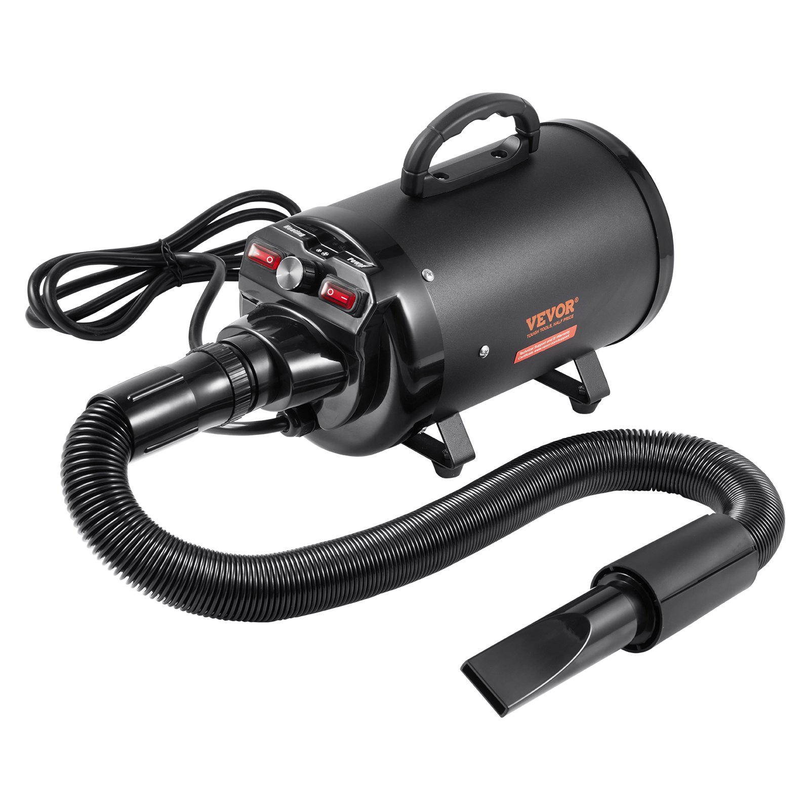 Sèche-chien 2800W, 4,3HP, 4 buses, tuyau extensible, noir