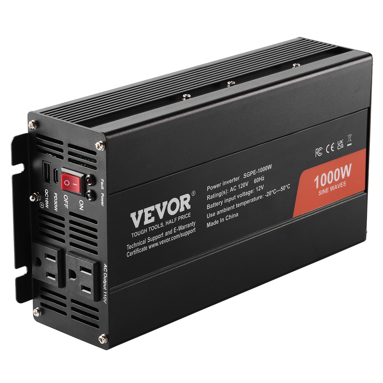 Onduleur pur sinus 1000W DC12V-AC120V 2 prises USB