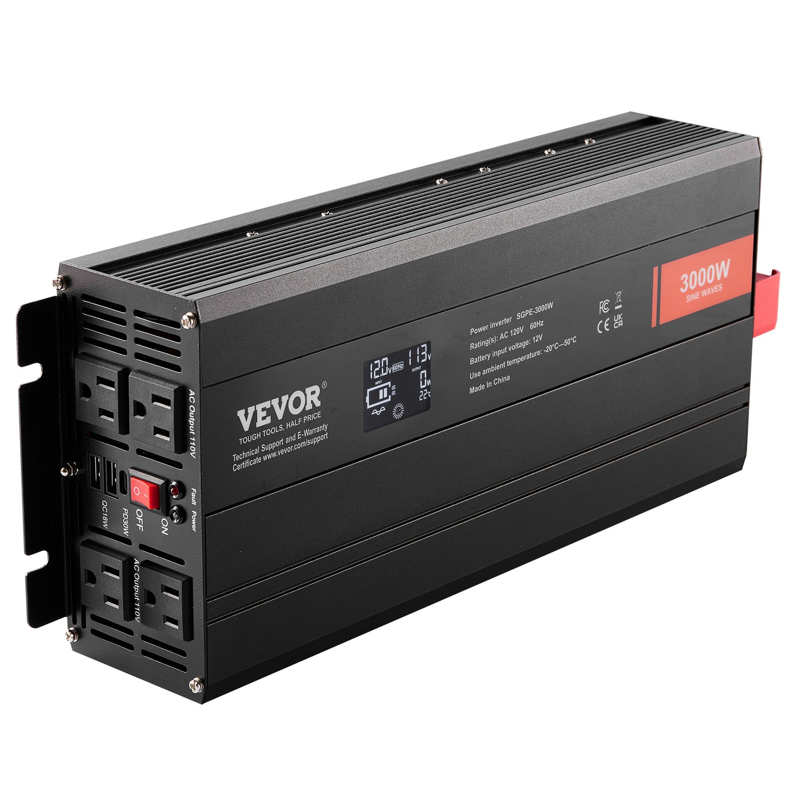 Onduleur 3000W, DC 12V à AC 120V, 2 prises + USB-C