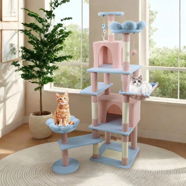 Arbre chat 71po fleur grand condo, hamac bleu