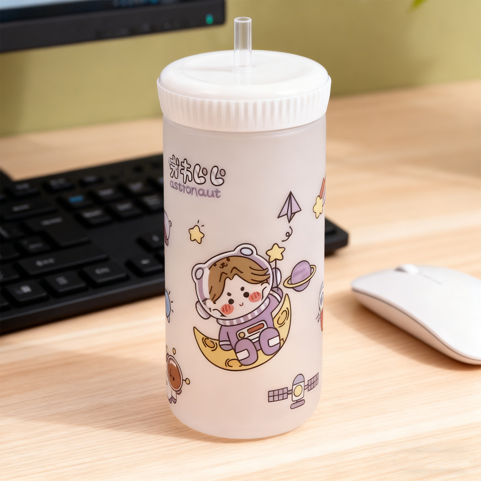 Bouteille paille dessin animé 500ml blanc