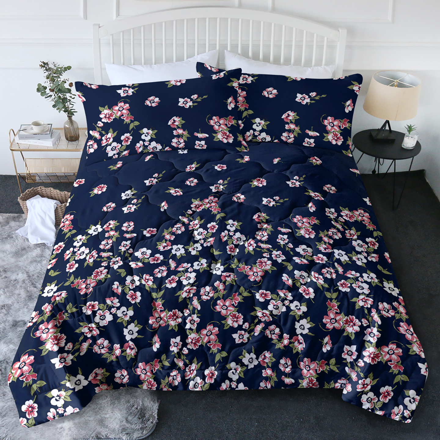 Ensemble literie 3pc bleu fleuri toutes saisons