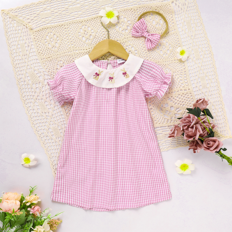 Robe fille enfant col rond manche courte à carreaux lapin