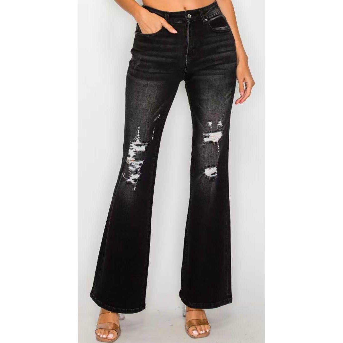 Jean Cloche Taille Basse Noir Ajusté Stretch