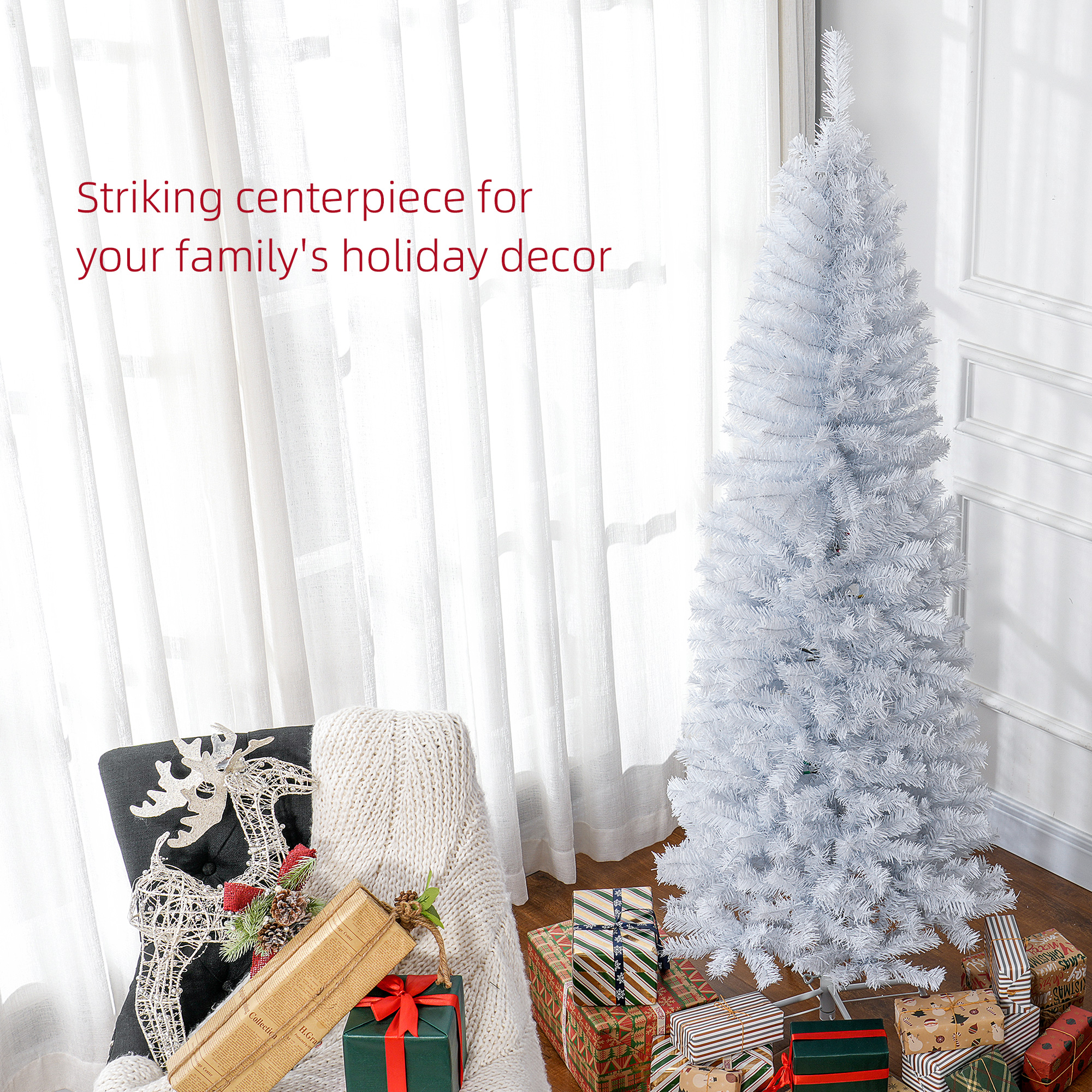 HOMCOM Sapin Noël 6pi mince, 618 branches, blanc, non-éclairé