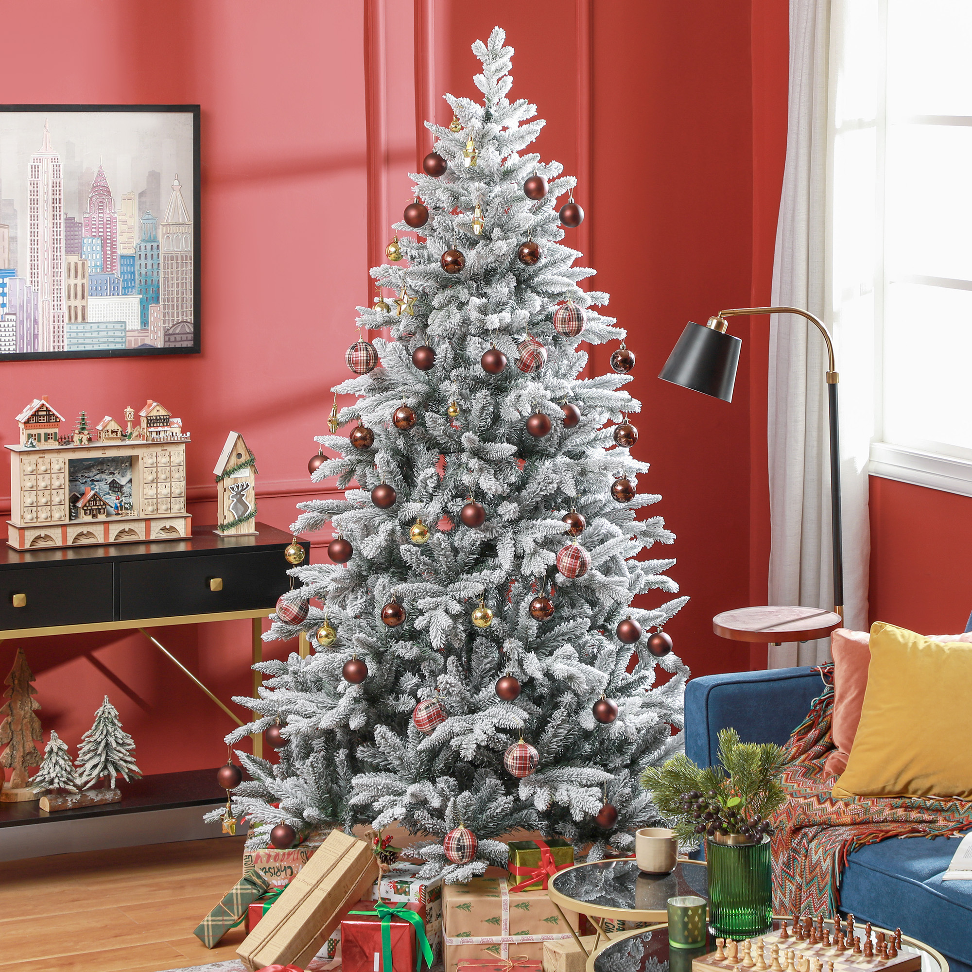 HOMCOM Sapin Noël artificiel 7pi neige 1401 branches, support pliable, vert